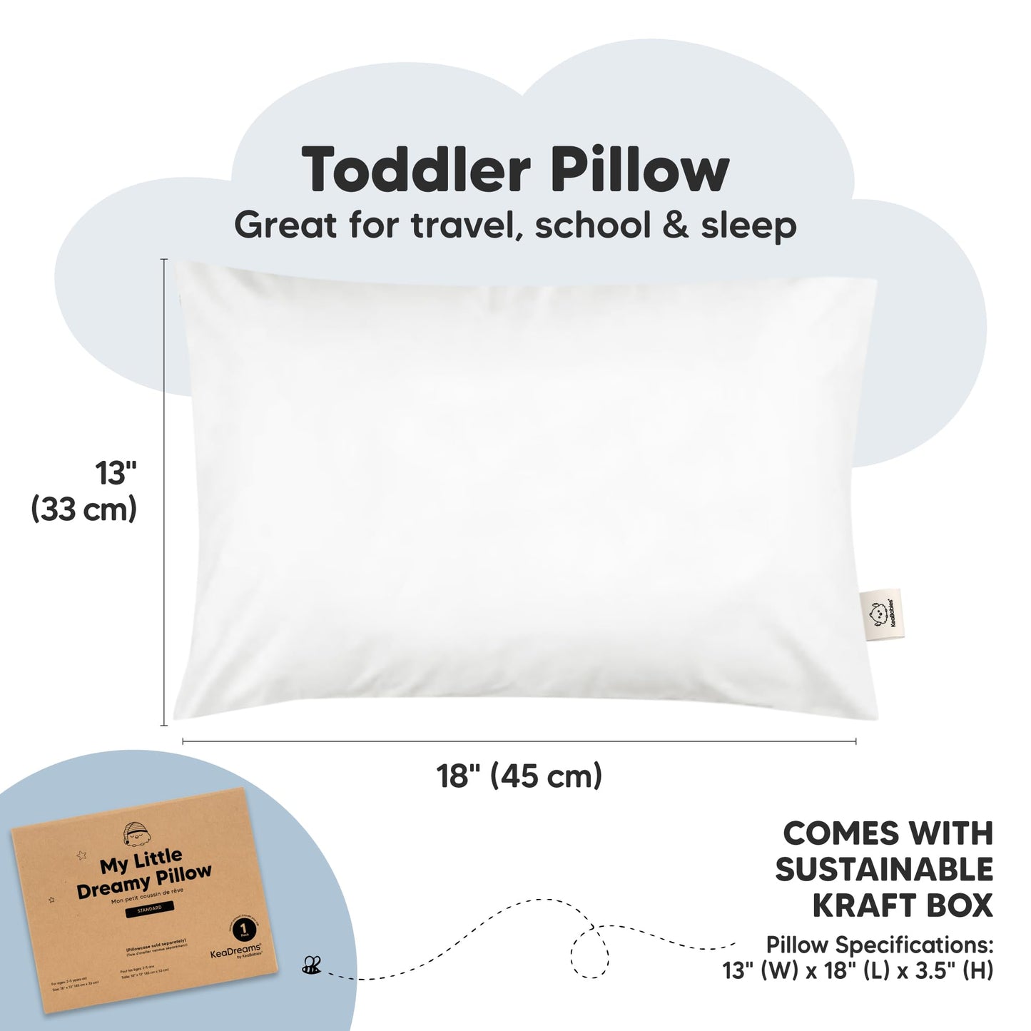 KeaBabies 1-Pack Toddler Pillows 2 Year Old to 5-13x18 Soft Organic Cotton Kids Pillow for Sleeping, Travel, School, Daycare, Nap, Toddler Bed, Machine Washable, Without Pillowcase (Soft White)