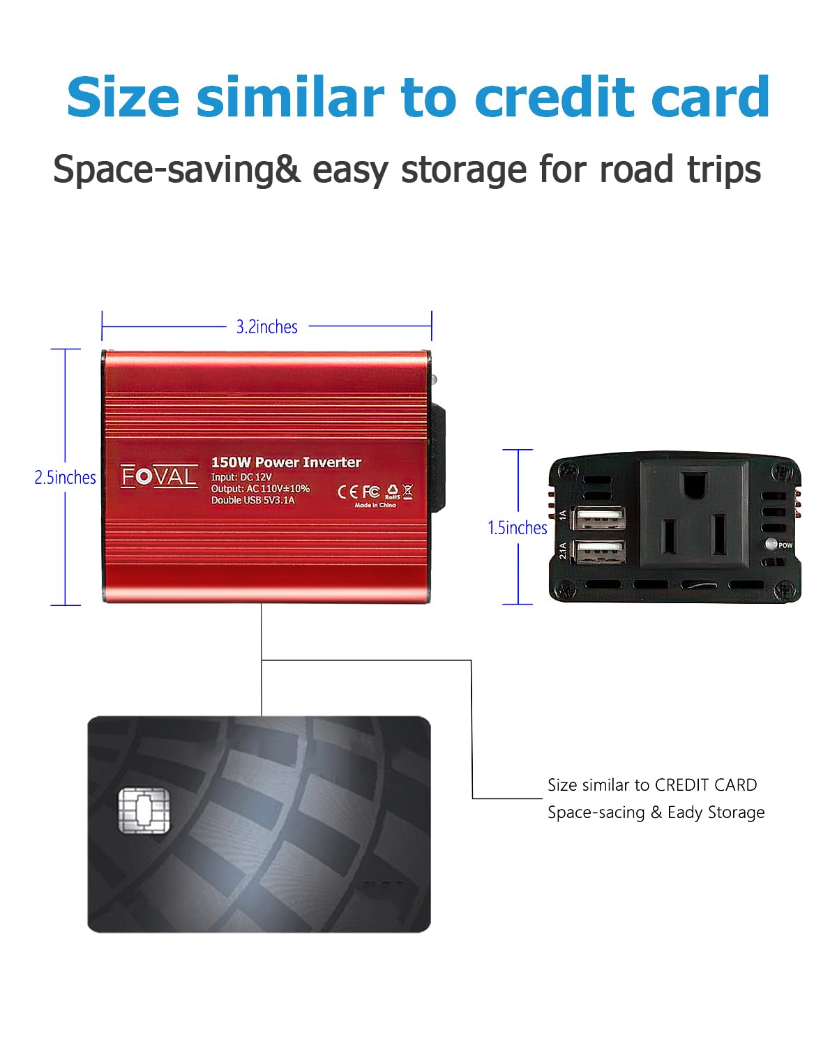 FOVAL 150W Car Power Inverter 12V DC to 110V AC Converter Vehicle Adapter Plug Outlet with 3.1A Dual USB Car Charger for Laptop Computer (Classic Blue)