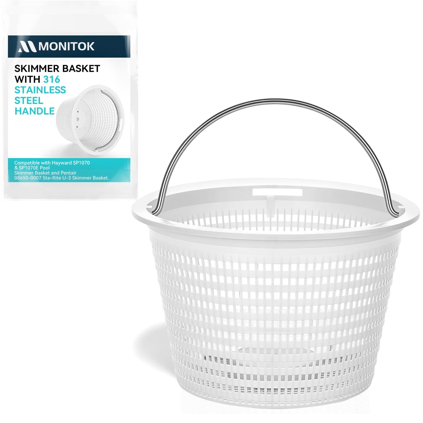 Monitok Pool Skimmer Basket for Inground Pools, Heavy-Duty with 316 Stainless Steel Handle & Built-in Weight, Compatible with Hayward SP1070/SP1070E Pool Basket and Pentair U-3 Skimmer Basket