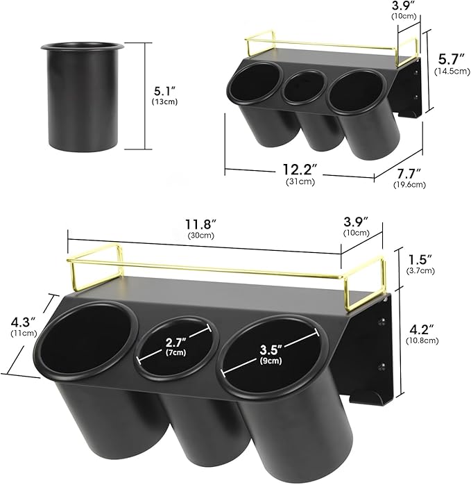 J JACKCUBE DESIGN Hair Dryer Holder Wall Mount Bathroom Vanity Hair Styling Care Tool Accessories 3 Cups Storage Organizer Caddy with Shelf Steel Black Gold- MK1002A (Black)