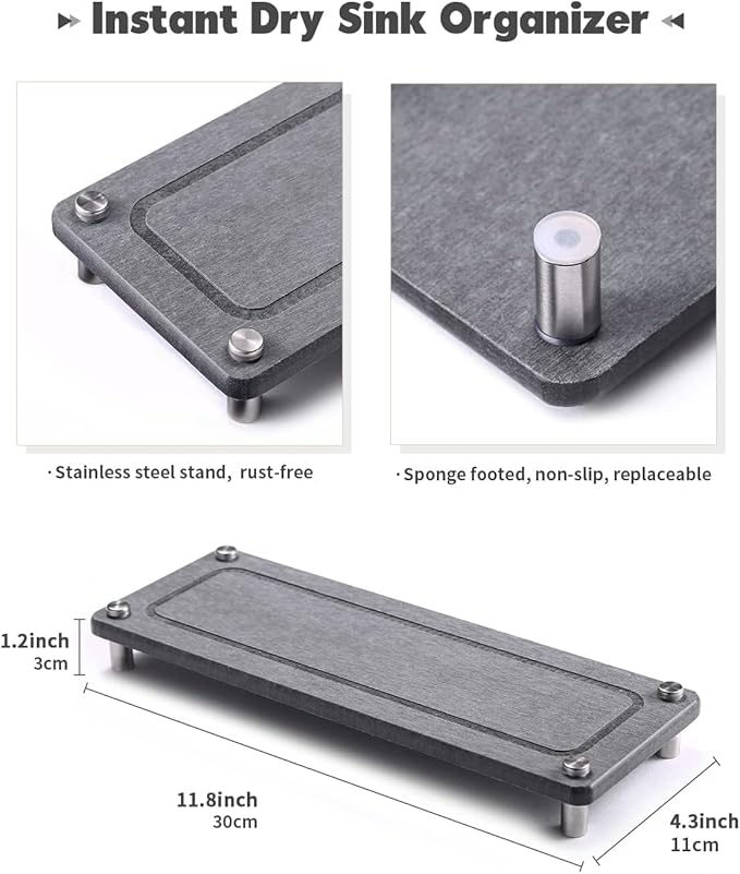 Kitchen Sink Caddy Water Absorbing Stone Tray For Sink, Diatomite Bathroom Countertop Tray Organizer, Faucet Stone Drying Mat Coaster Soap Dish Sponge Dispenser Holder (Grey)