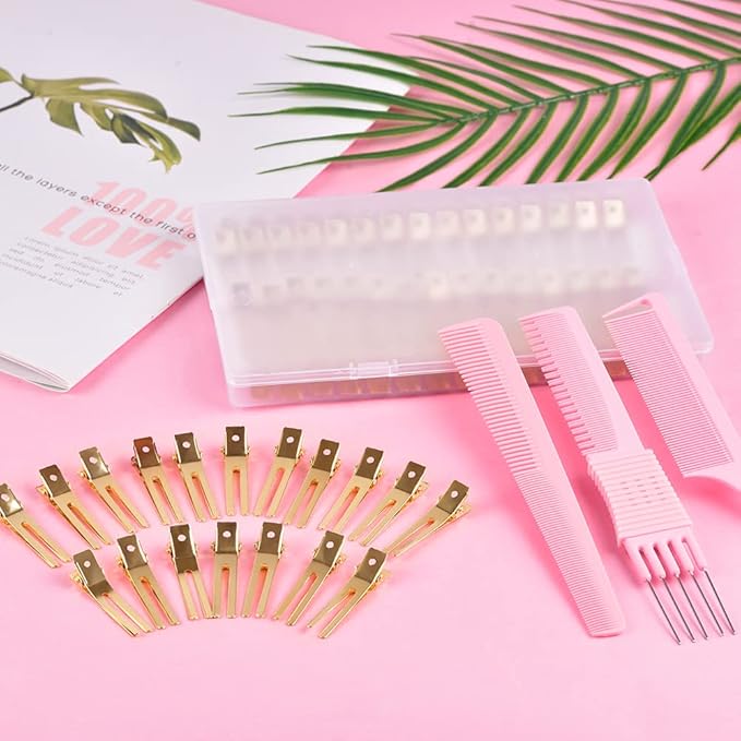 50Pcs Pin Curl Clips, IKOCO Hairdressing Double Prong Hair Clips with 3Pcs Comb Set for Setting Curls, Hair Salon or Barber, Gold