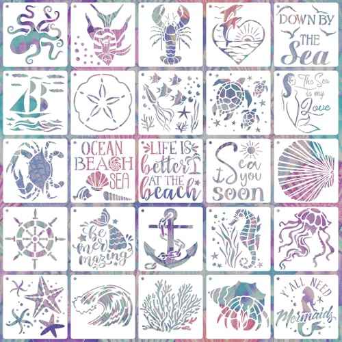 25 PCS Sea Ocean Creatures Stencils Reusable Sea Animal Templates for Painting, Mermaid Stencils for Scrapbooking Drawing Wood Wall Floor Furniture Rock Decor DIY Crafts Projects 5 x 5 Inch