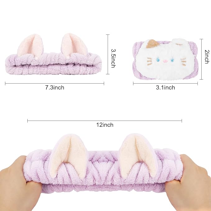 WHAVEL 3PCS Spa Headband and Wristband Set, Cute Cat Ears Headband for Washing Face Makeup, Face Wash Wrist Bands (Purple)