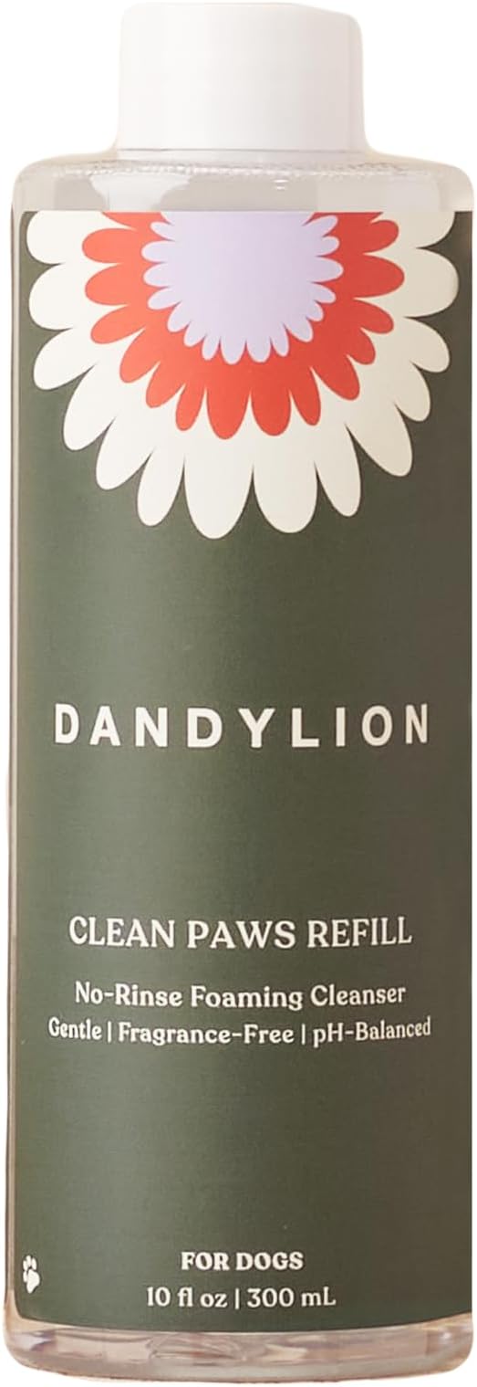 Dandylion Clean Paws Refill | No-Rinse Dog Paw Cleaner & Dog Paw Washer | Fragrance-Free, pH Balanced Foaming Cleanser with Silicone Bristle Brush | Designed for All Breeds & Sizes | 10 fl oz