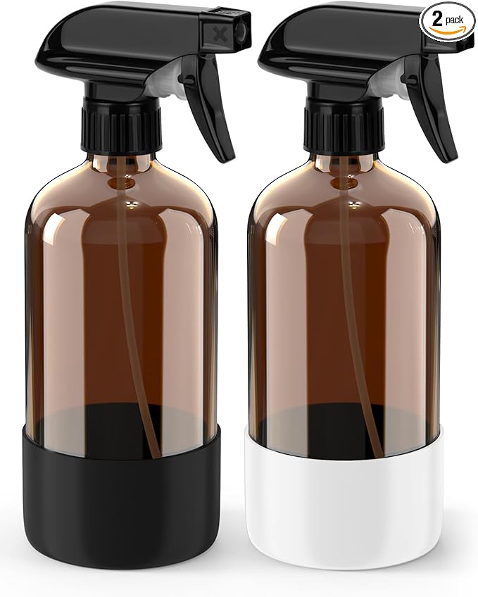 Bontip Glass Spray Bottle with Silicone Sleeve Protection, Amber Glass Spray Bottle Set for Window Cleaner Aromatherapy Facial Hydration Watering Flowers Hair Care 2 Pack/16 oz (Black & White, 16 oz)