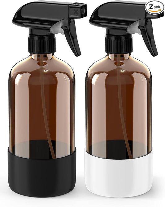 Bontip Glass Spray Bottle with Silicone Sleeve Protection, Amber Glass Spray Bottle Set for Window Cleaner Aromatherapy Facial Hydration Watering Flowers Hair Care 2 Pack/16 oz (Black & White, 16 oz)