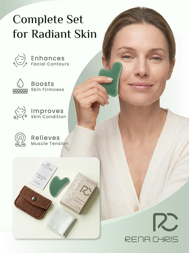 Rena Chris Gua Sha Facial Tools, Green Stone Guasha Tool for Acupuncture, Manual Massage Tool for Jawline Sculpting and Puffiness Reducing, Gua Sha Facial Massage Tool, Skin-Care Gift (Cobalt Green)