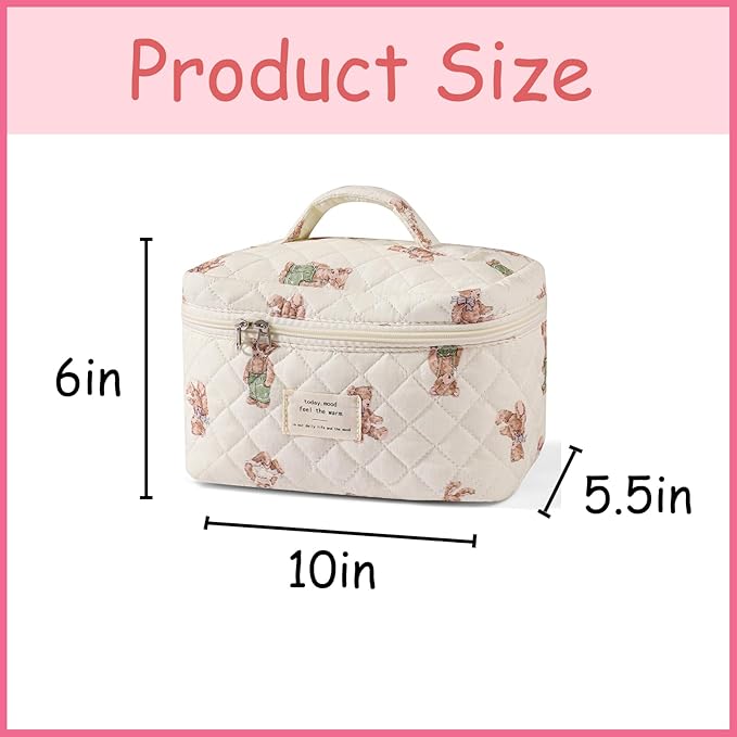 uekeboag Large Travel Quilted Makeup Bag for Women, Floral Cotton Cosmetic Bag, Coquette Aesthetic Floral Toiletry Organizer Bag
