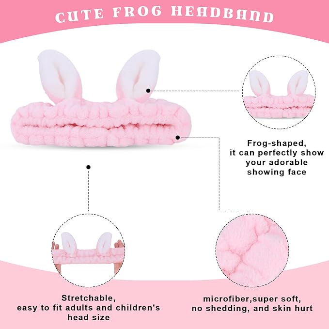 Cute pink Rabbit Ears Headband Frog Eye Elastic to Wash Face for Women Makeup Shower Spa (1 Pack)