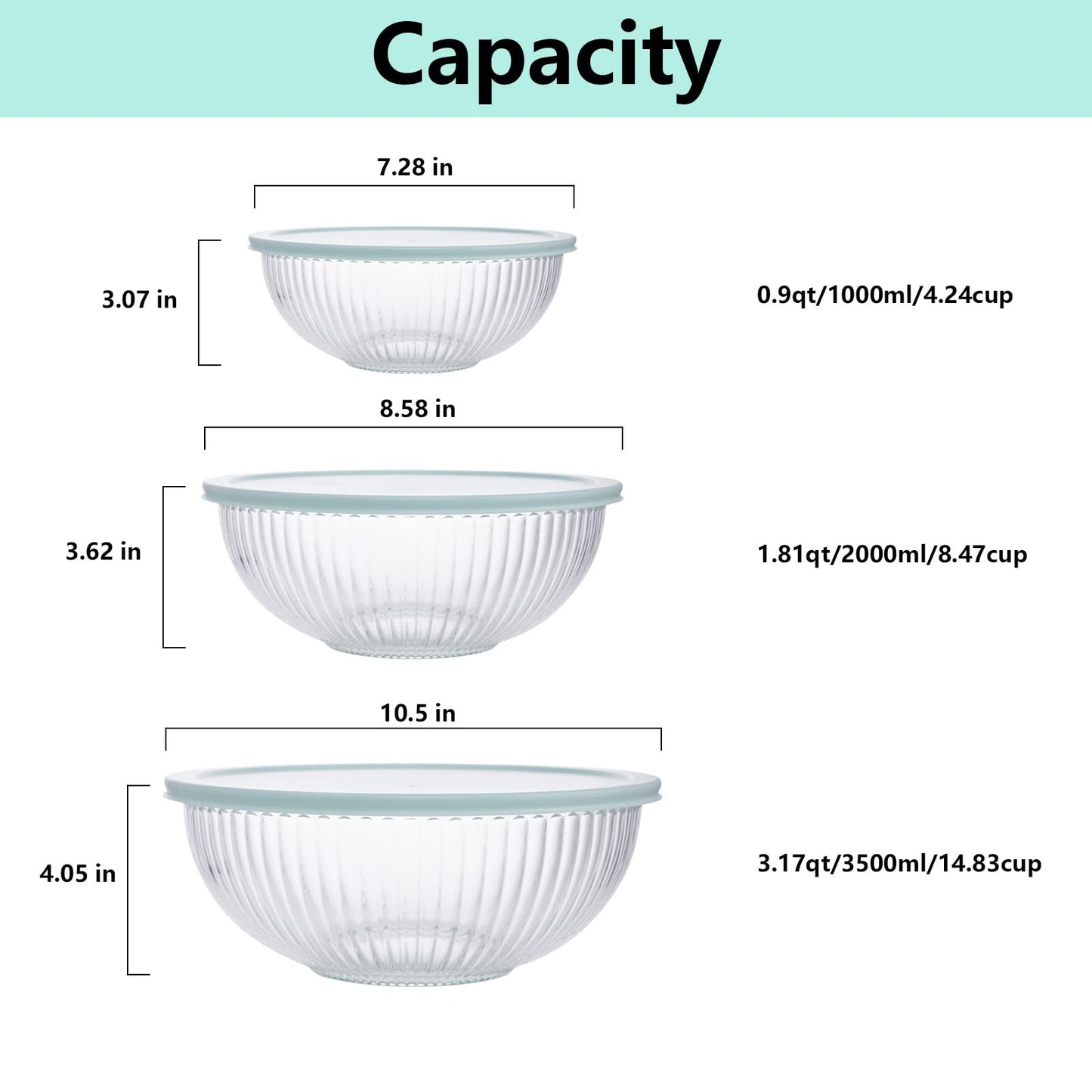 WhiteRhino Glass Mixing Bowls with Lids Set of 3(3.7QT, 2.1QT, 1.1QT),Large Kitchen Salad Bowls, Space-Saving Nesting Bowls, Clear Glass Serving Bowls for Cooking,Baking,Prepping,Dishwasher Safe