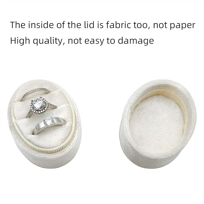 Velvet Oval Ring Box 3 Slots - Premium Wedding Three Rings Holder Box Vintage Handmade Storage Jewelry Organizer for Proposal, Engagement, Wedding Ceremony, Christmas (Ivory)
