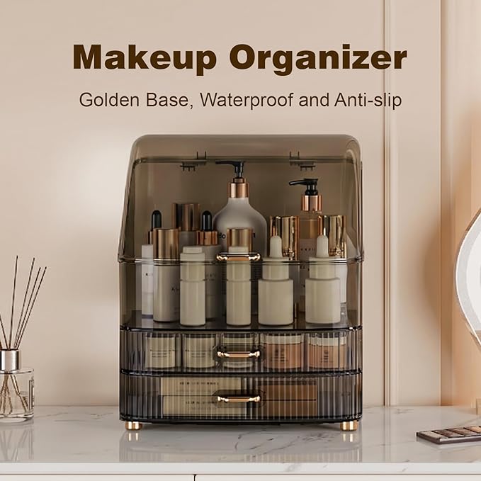 Makeup Organizer Countertop Vanity with Transparent Lid Drawers Waterproof Dustproof Cosmetic Skincare Bathroom Storage Gift for Women Teens Girls (Clear Black)