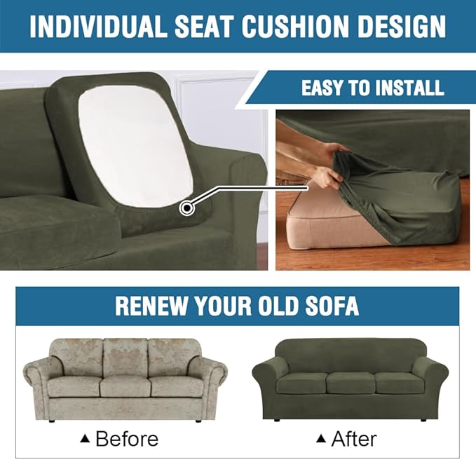 H.VERSAILTEX Modern Velvet Plush 4 Piece High Stretch Sofa Slipcover Furniture Protector Form Fit Velvet Extra Large Sofa Cover for 3 Cushion Couch Width Up to 105 Inch (XL Sofa, Olive)