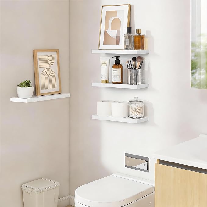 BAYKA Floating Shelves for Wall, 15.7in Wall Mounted Rustic Wood Shelves for Bathroom, Bedroom, Living Room, Kitchen, Hanging Shelf for Books/Storage/Room Decor with 22lbs Capacity (White, Set of 4)