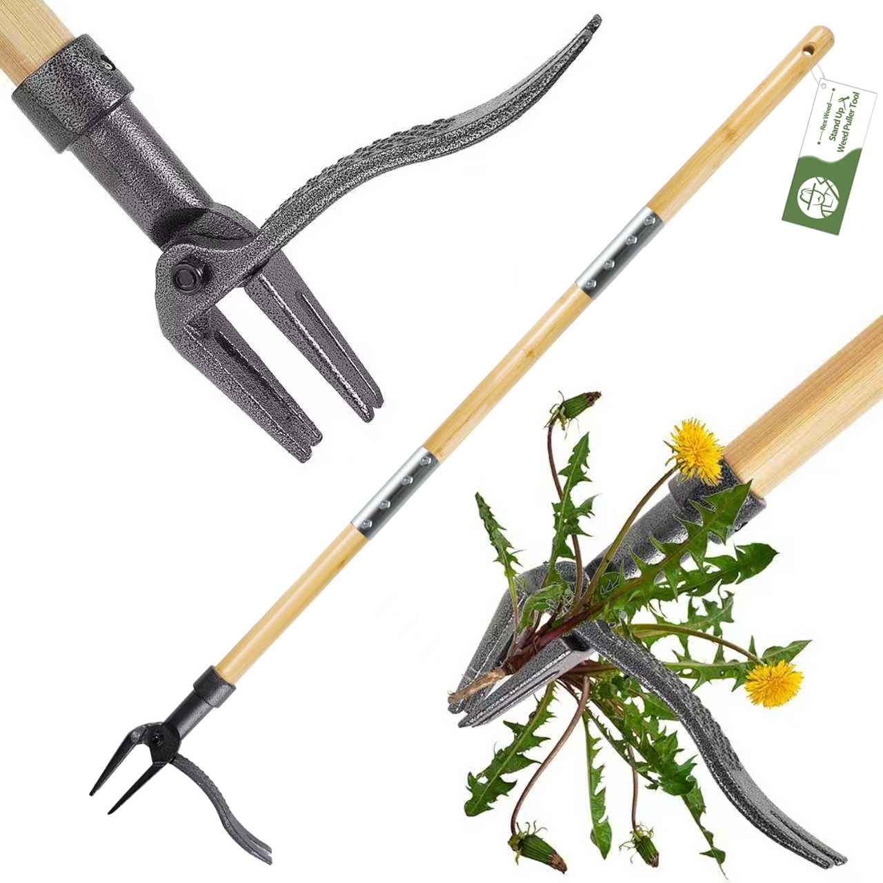 RexWeed Weed Puller Tool, Stand Up Heavy Duty Weed Remover Tool with Long Handle â 4-Claw Steel Head Weeder for Dandelions, Bamboo Garden Hand Weeding Tool, No Kneeling for Easy Root Removal