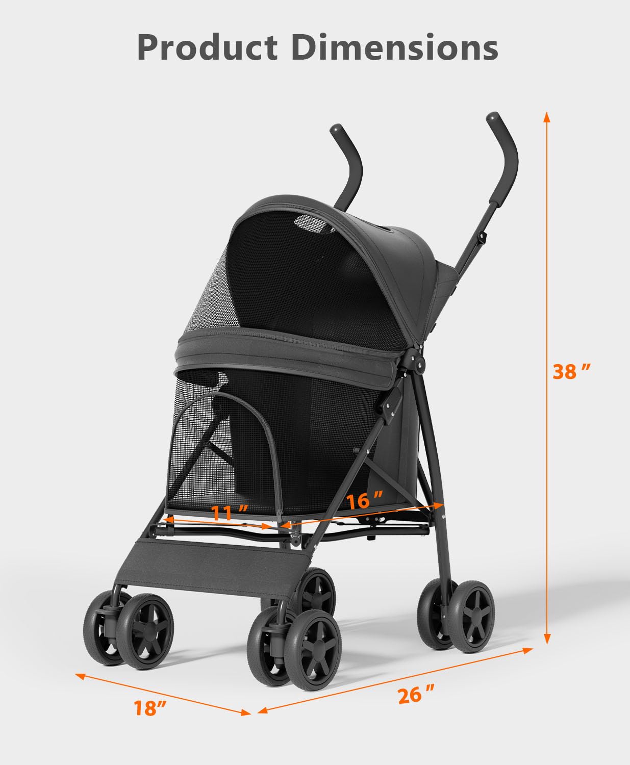 OS MOTOR Pet Stroller with 4 Wheels for Small/Medium Pets, Portable Travel Foldable Carrier Jogger for Dog Cat Puppy Kitty, Rear Wheel Breaks, Storage Basket, Visible Mesh with Weather Cover (Black)