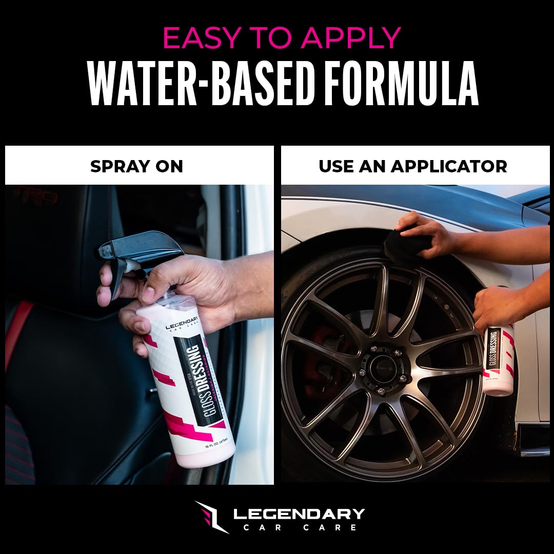 Legendary Gloss Dressing with Applicator 16oz - Tire Shine Spray & Plastic Restorer – Water Based & Non-Greasy Interior/Exterior Detailing Spray - Trim, Rubber, Vinyl & Plastic Restorer for Cars