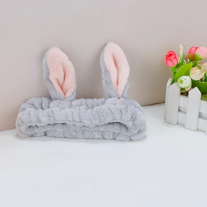 YISSION Cute Bunny Ear Spa Headband for Women and Girls - Soft Plush Makeup Headband for Face Washing, Skincare, Shower, Easter Party Favors (2 Pack, White & Gray)