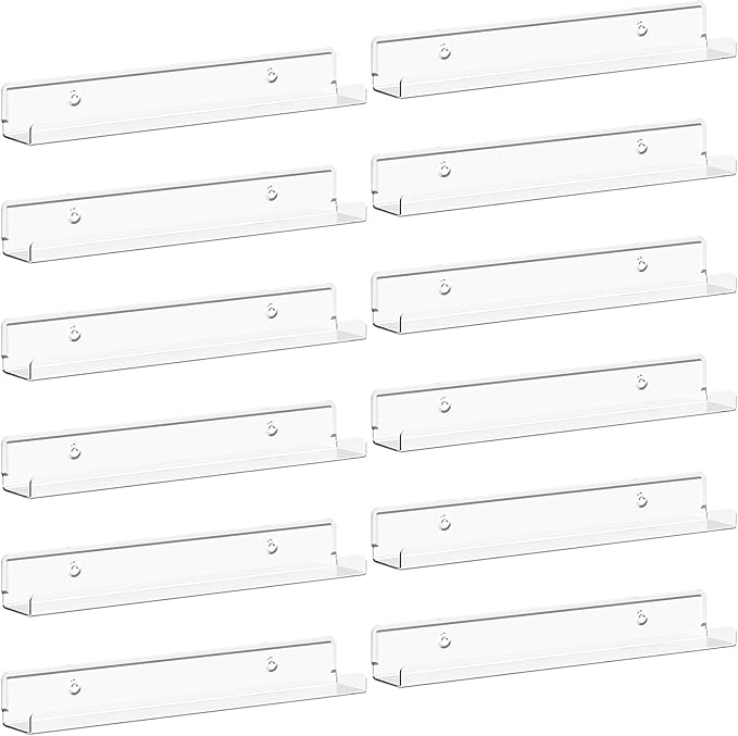 Lifewit Narrow Floating Shelves for Vinyl Record 12 Pack, 12" Clear Wall Shelves for Nail Polish/Book/Picture/Makeup, Acrylic Wall Display Shelf Organizer for Bedroom, Living Room, Bathroom Decor