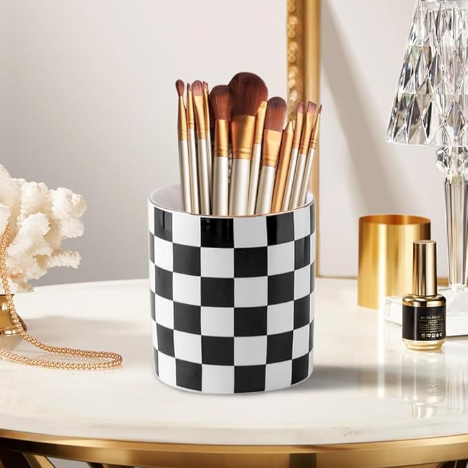 Ceramic Checkered Pen Holder For Desk Cute Stand Gold Line Pencil Cup Pot Desk Organizer, Office Desktop Decor, Makeup Brush Holder for Girls,Women (Black-white)