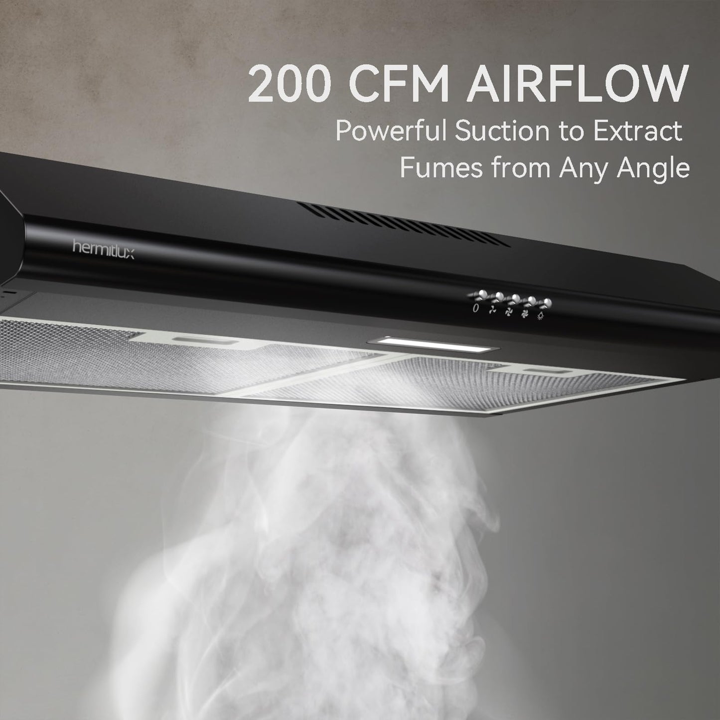 Hermitlux Under Cabinet Range Hood, 30 inch Black Vent Hood With 3 Speed Exhaust Fan, Ducted And Ductless Convertible, LED Bright Light Bulbs and Charcoal Filter
