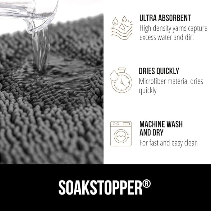 GORILLA GRIP SoakSTOPPER Dog Door Mat, Machine Washable Rug Absorbent Doormat Captures Moisture Mud Dirt, Quick Dry Soft Chenille Entryway Rugs Indoor Entrance Mats for Dog Paws, 24x17 Grey