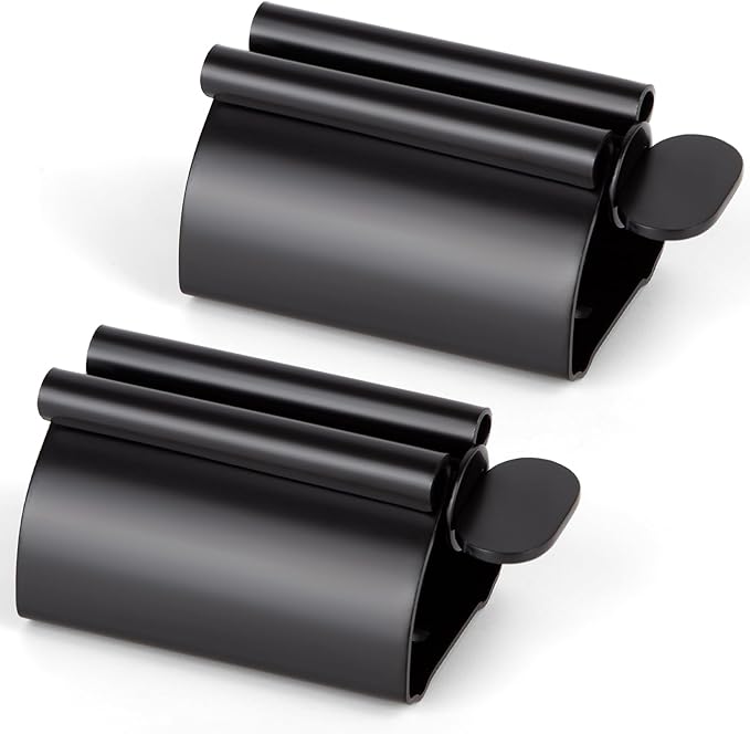 LOVEINUSA Toothpaste Tube Squeezer Dispenser, 2PCS Toothpaste Roller Squeezer Tool Stainless Steel Tooth Paste Holder for Bathroom, Black