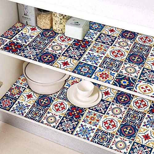 17.7" X118.1"Pattern Contact Paper Removable Peel and Stick Wallpaper Colorful Tile Self Adhesive Wallpaper Vinyl Waterproof Easy to Clean for Cabinets Countertop Kitchen Backsplash Shelf Drawer Liner