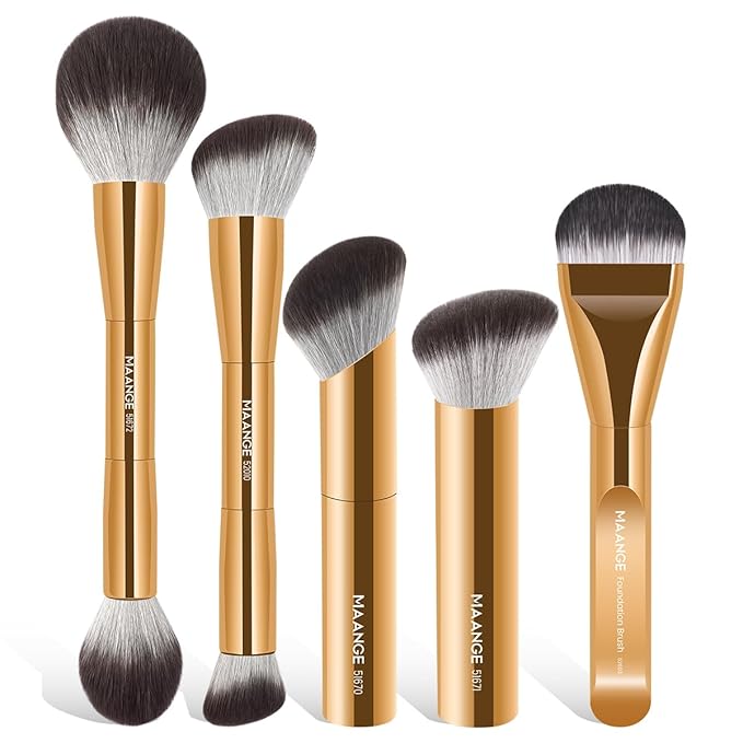 MAANGE 5 PCS Foundation Makeup Brush Set Double-ended Kabuki Mask Contour Brush for Liquid Powder Concealer Cream Cosmetics Blending Makeup Brushes (Gold)