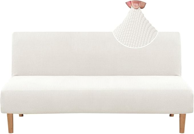 H.VERSAILTEX Armless Futon Cover Stretch Sofa Bed Slipcover Protector Elastic Feature Rich Textured High Spandex Small Checks Jacquard Fabric Futon Cover, Machine Washable, Porcelain White