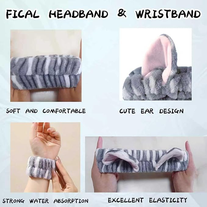 Cute Spa Headband and Wristband Set for Women Kawaii Cat Ear Gray Makeup Headband for Washing Face (3PCS, Gray)