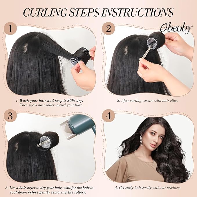 Obeoby 4 Sizes Hair Rollers for Women, Hair Curlers with Clips Comb Curlers for Long Short Curly Hair and Bangs (25, 36, 48, 60mm), Black