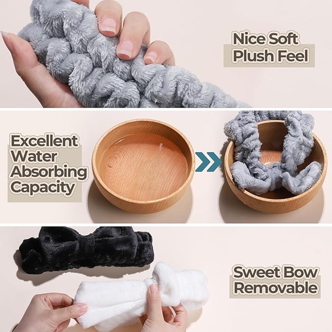 LEOBRO Spa Headband, 6pcs Makeup Headbands and Hair Scrunchies, Bow Skin Care Headband for Washing Face for Teen Girls Women, Easter Basket Valentines Gifts for Girls, Black & White & Gray