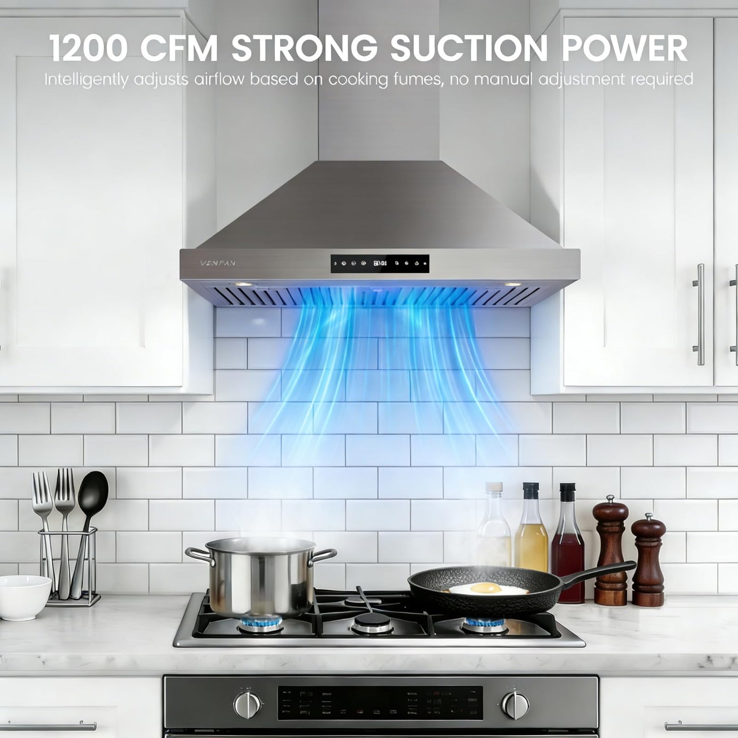 VENFAN 36 Inch Wall Mount Range Hood, 1200 CFM Stainless Steel Kitchen Vent Hood with Gesture Control, 8-Speed Fan, Delay Shut-Off Timer, Ducted/Ductless Convertible, Charcoal Filter Included