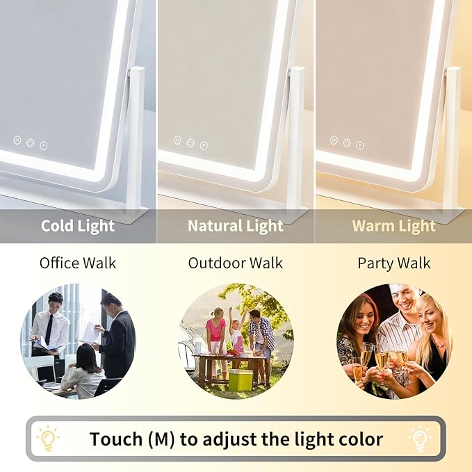 ROLOVE Vanity Mirror with Lights 13x16 Inch, Smart Touch Control, 3 Color Lighting Modes, Table Top Mirror with Stand for Bedroom
