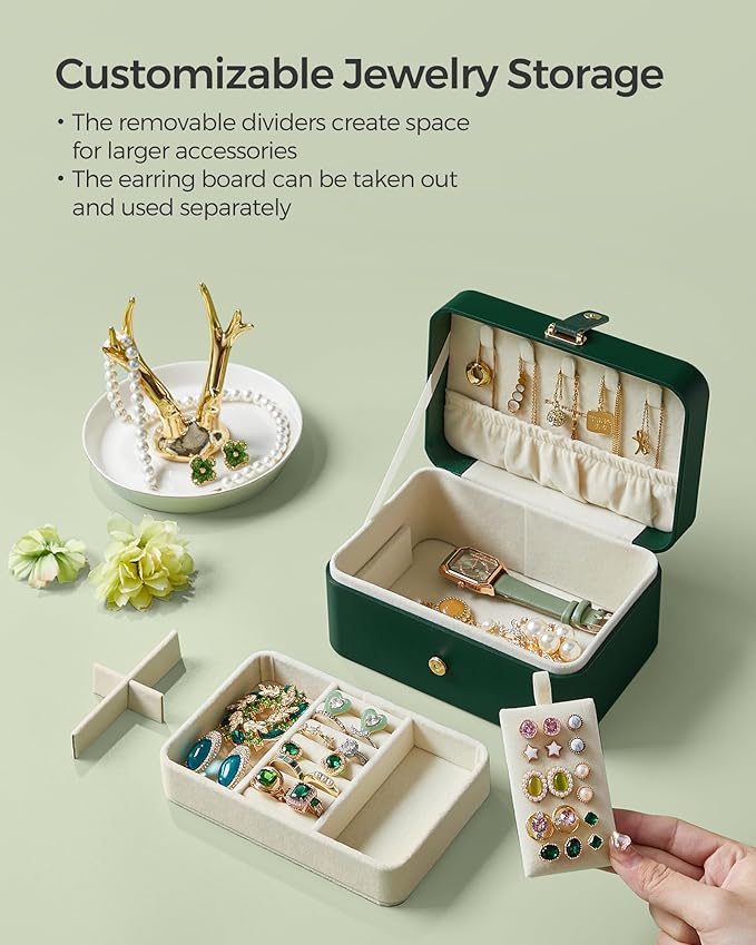 SONGMICS Jewelry Organizer Box, Travel Jewelry Case, 2-Layer Travel Case for Earrings, Necklaces, Bracelets - Portable Jewelry Storage with Large Capacity, Gift Idea, Forest Green UJBC166C01