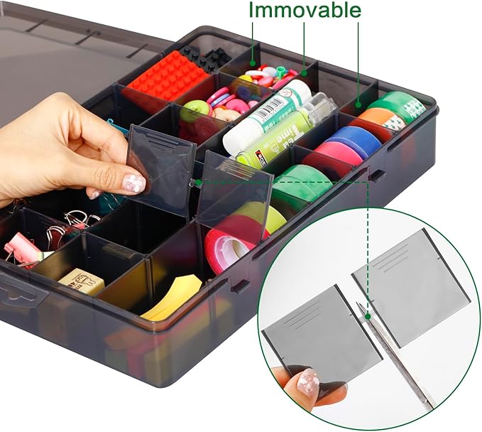 Large 24 Grids Plastic Organizer Box Adjustable Dividers,Clear Storage Box for Jewelry, Art DIY Crafts, Washi Tapes, Beads and Small Parts(Black,3Pack)