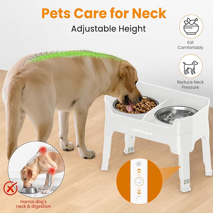 URPOWER 3-in-1 Elevated Dog Bowls - Mess Proof Double Deck 4 Height Adjustable Raised Stand with 2 Stainless Steel Food Bowls & Licking Plate for Small, Medium & Large Dogs