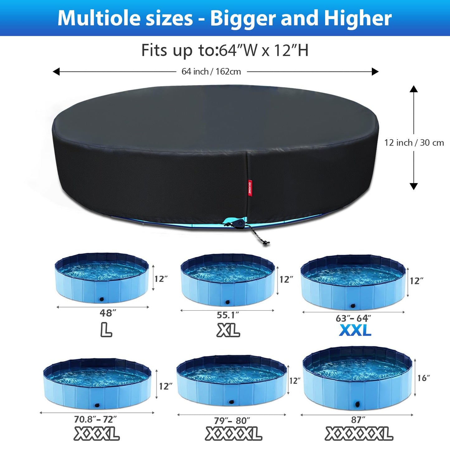 QH.HOME 63-64 inch Kiddie Pool Cover Round, Collapsible Dog Pool Cover with Super Windproof Ratchet Design, Odorless Waterproof Fabric Material and - Only Cover