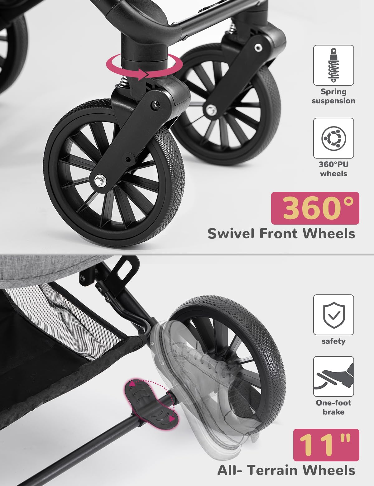 SUNTHX Dog Stroller for Small Medium Dogs Up to 60lbs, 4 Wheels Folding Pet Stroller with Detachable Carrier, Pet Travel Carrier for 2 Dogs & Cats, Storage Basket, Breathable, Grey