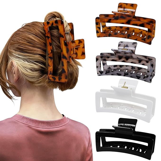 5 Inch XL Jumbo Claw Clips for Thick and Long Hair, 4-Pack Oversized Glossy Leopard Rectangle Hair Clips for Women, Strong Hold Non-Slip Jaw Clips, Dark & Light Leopard