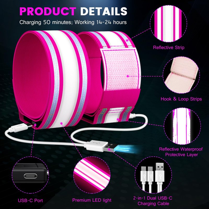 Light Up LED Armband for Running Walking at Night,Reflective Arm Bands for Runners,Rechargeable Jogging Lights,High Visibility Night Running Safety Gear Adjustable Running Women Men Kids (Pink)
