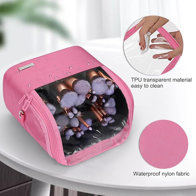 TANTO Makeup Brush Case Stand-up Makeup Cup Makeup Brush Holder Travel Professional Cosmetic Bag Artist Storage Bag Large Makeup Bag with Adjustable Divide (Rose Pink, 1-Large)
