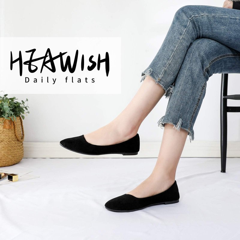 HEAWISH Women’s Black Flats Shoes Comfortable Suede Pointed Toe Slip On Casual Ballet Flats Dress Shoes Nude Flats(Black, US8)