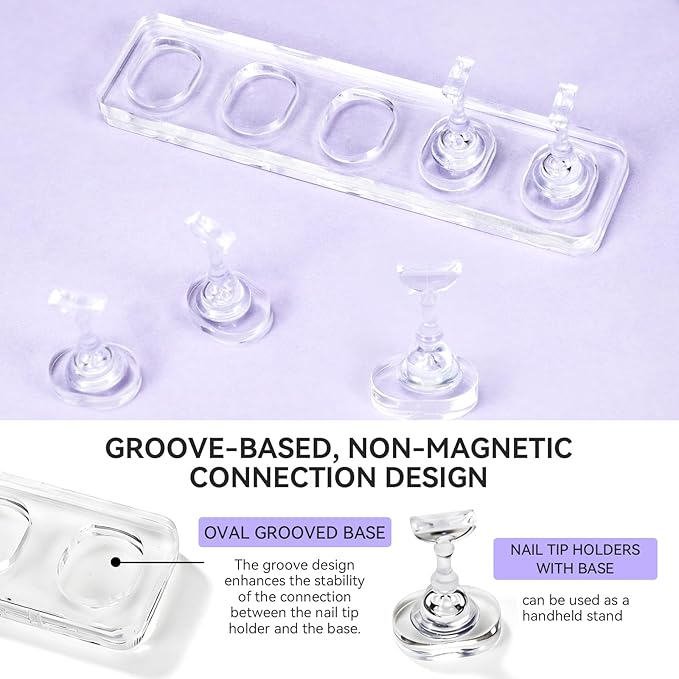 Non Magnet Nail Stand for Press On Nails Holder Painting Practice Display Fake Nails, Nail Tip Holders with Oval Stand Base for Handheld Diy Design & 200pcs Double-Sided Tapes Home Salon