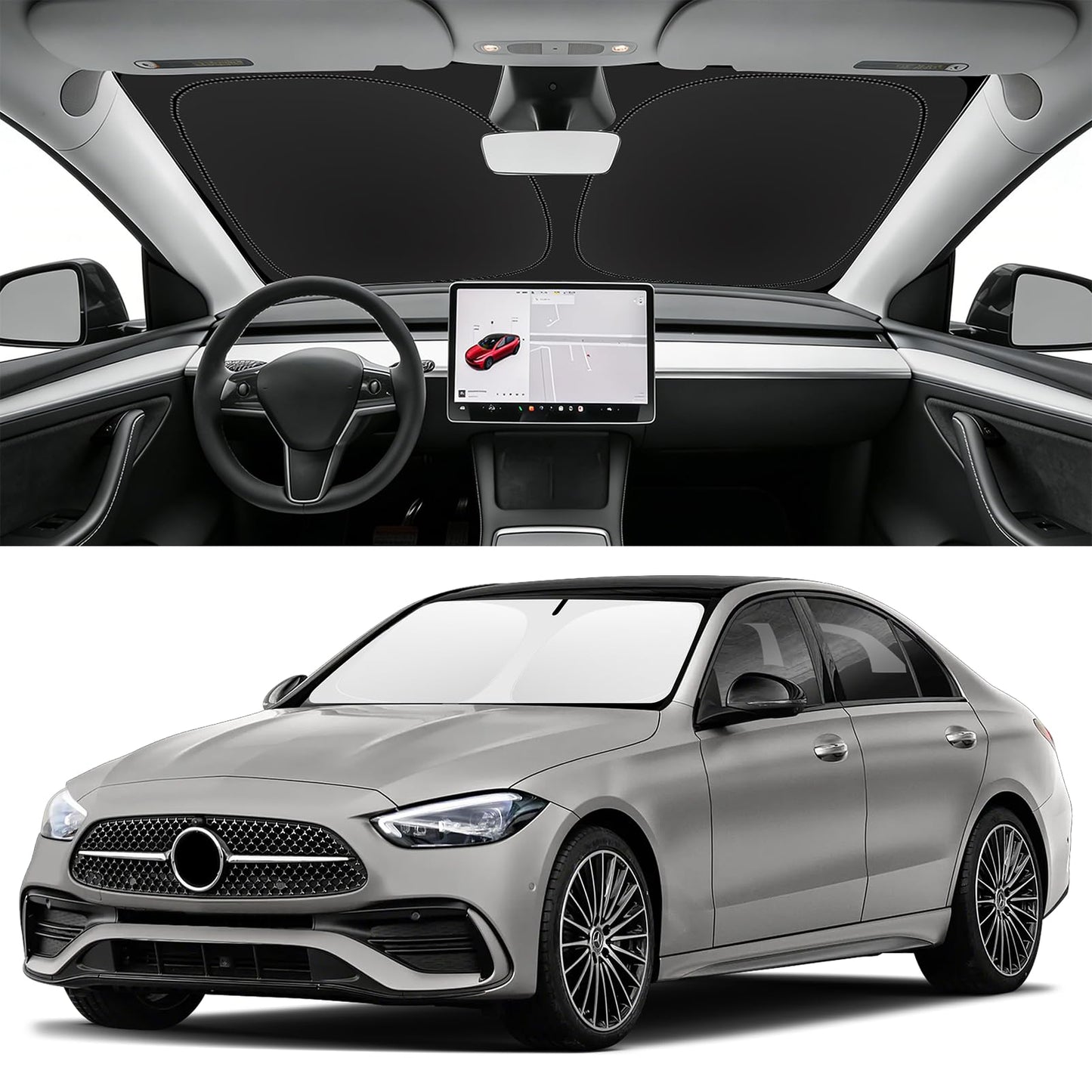 SLOGENTO Custom Fit Windshield Sun Shade for Mercedes-Benz C-Class 2015-2026, Blocks UV & Heat, Front Window Sunshade Accessories, Easy Fold & Store Keep Your Car Cooler