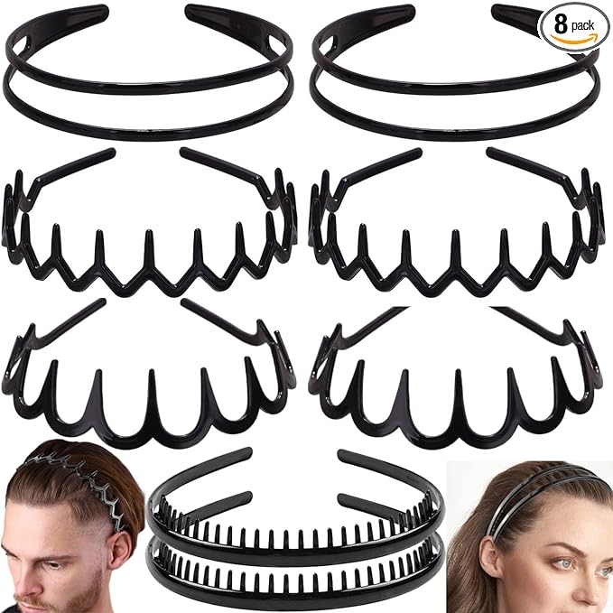 ULTIMUTE 8 PCS Fashion Effortless Plastic Headbands with Teeth Comb Black Skinny Headbands No Slip Hair Accessories Bands for Women Men Teen Girls, Lacquered Black