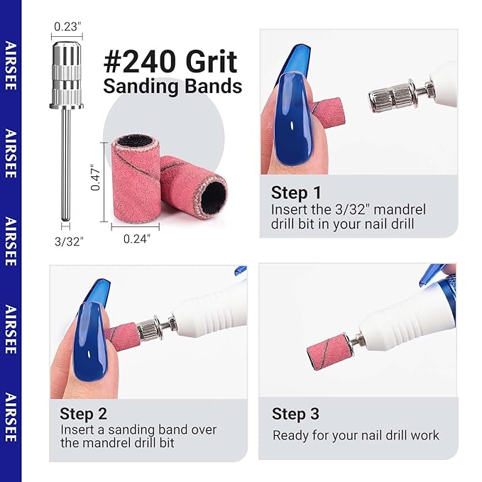AIRSEE Sanding Bands for Electric Nail Drill 100 Piece Set 240 Grit Fine Acrylic File Attachments Professional 1 Sander Mandrel Bit Beauty Salon Accessories Manicure and Pedicure Finger Callus Pink
