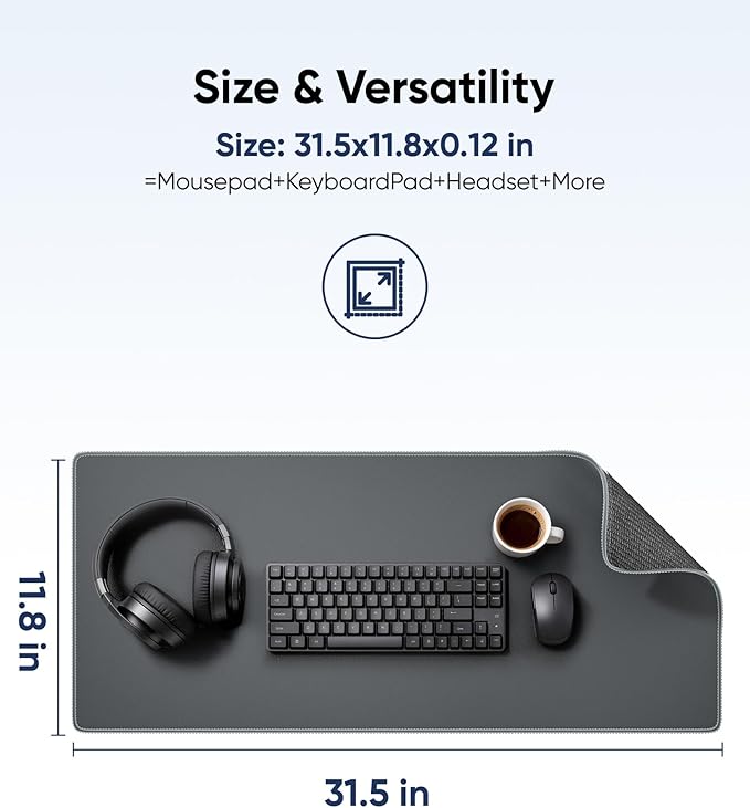 Waterproof Large Gaming Mouse Pad with Durable Stitched Edges, Non-Slip Rubber Base, Grainy Jacquard Mouse Mat Desk Pad for Home Office Gaming, 31.5''x11.8''x0.12'', Matte Gray
